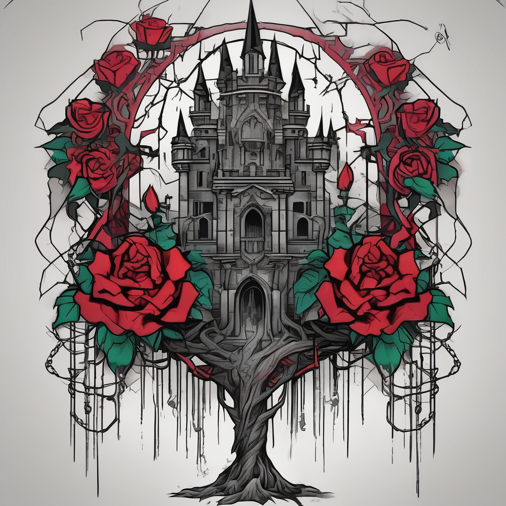 tattoo fool sleeve, dark gothic castle, tree roots break out of the chains, broken mask, girl, roses drake tattoos, diseño de tatuaje Geométrico generado con IA